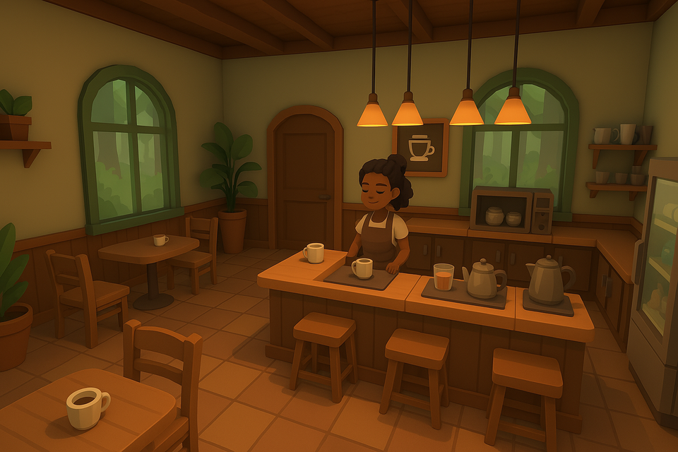 Concept art for Sip & Serve, showing a cozy café with a barista behind the counter.